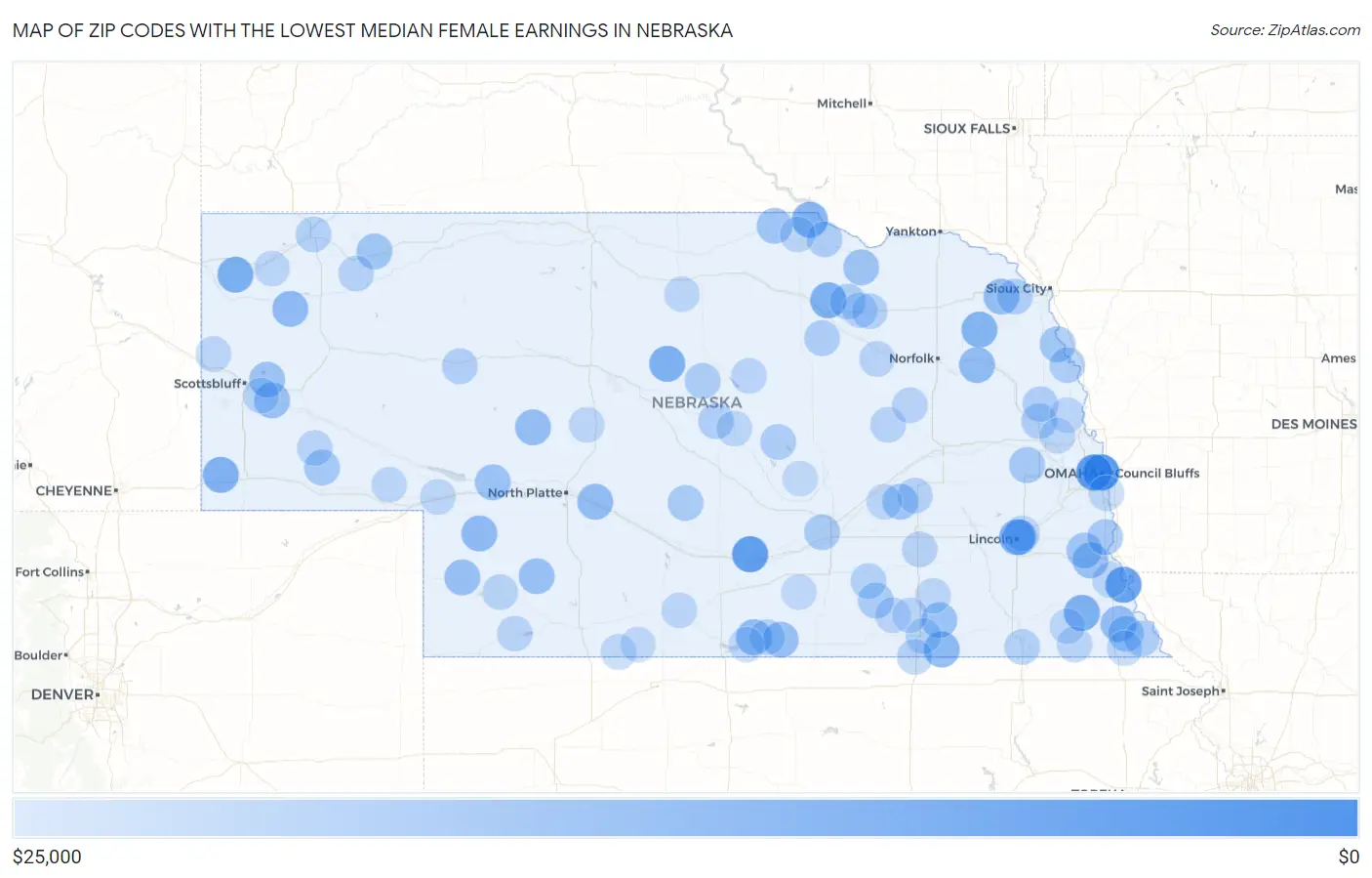 Zip Codes with the Lowest Median Female Earnings in Nebraska Map