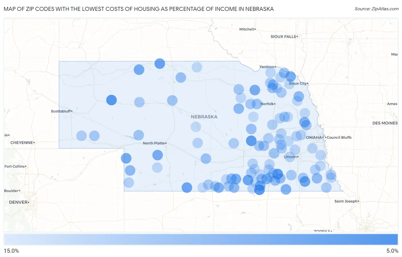 Zip Codes with the Lowest Costs of Housing as Percentage of Income in Nebraska Map