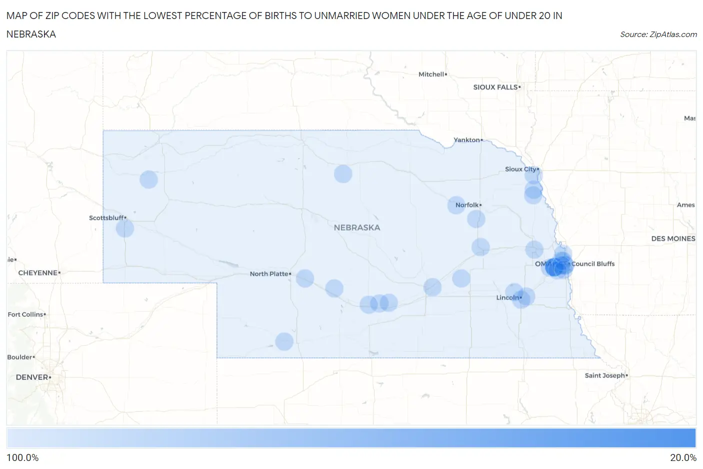 Zip Codes with the Lowest Percentage of Births to Unmarried Women under the Age of under 20 in Nebraska Map