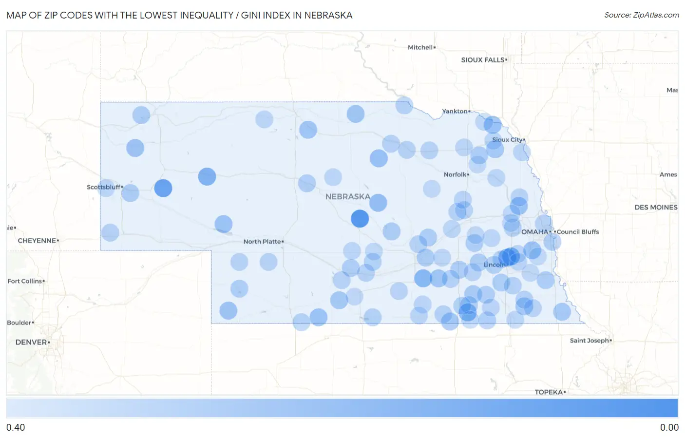 Zip Codes with the Lowest Inequality / Gini Index in Nebraska Map