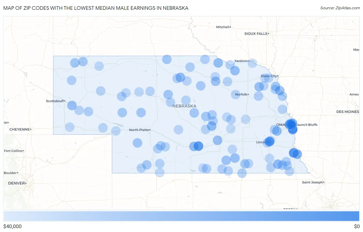 Zip Codes with the Lowest Median Male Earnings in Nebraska Map