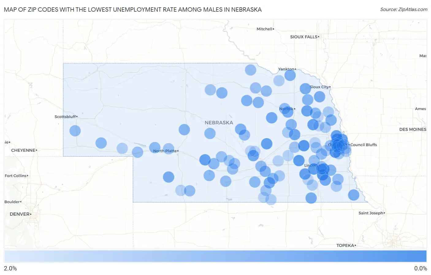 Zip Codes with the Lowest Unemployment Rate Among Males in Nebraska Map