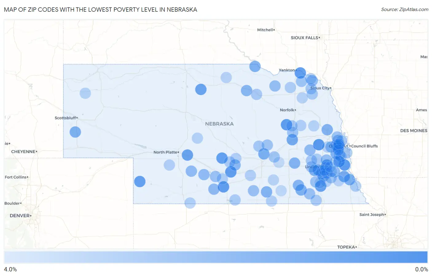 Zip Codes with the Lowest Poverty Level in Nebraska Map