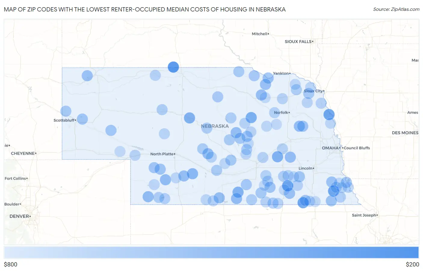 Zip Codes with the Lowest Renter-Occupied Median Costs of Housing in Nebraska Map