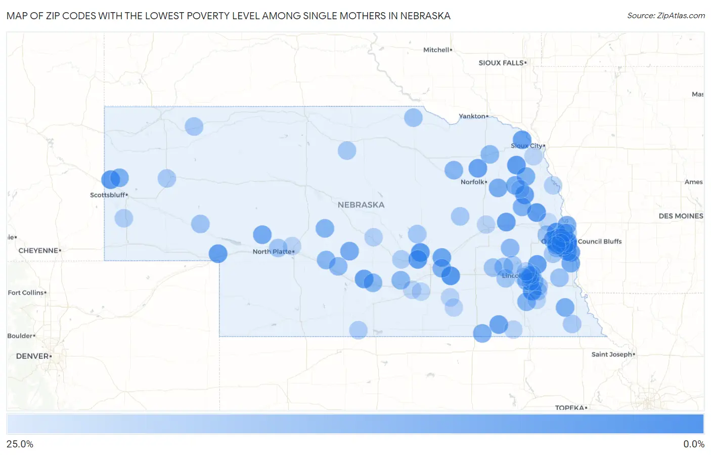 Zip Codes with the Lowest Poverty Level Among Single Mothers in Nebraska Map