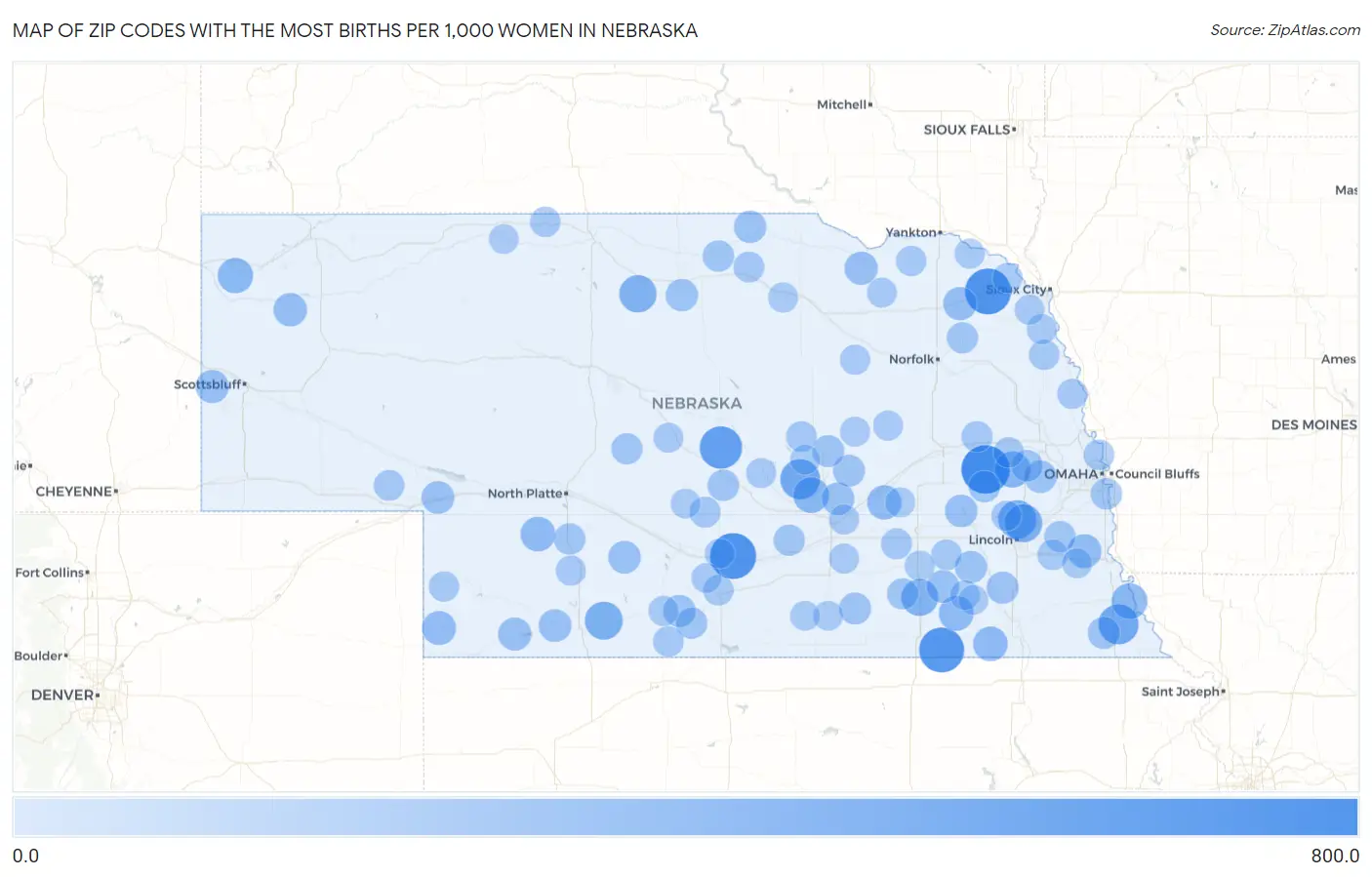 Zip Codes with the Most Births per 1,000 Women in Nebraska Map
