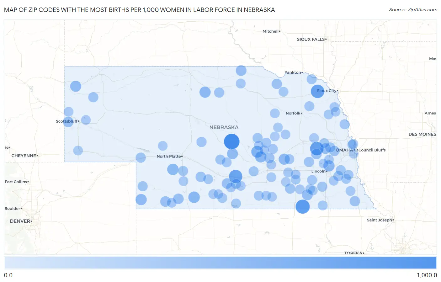 Zip Codes with the Most Births per 1,000 Women in Labor Force in Nebraska Map