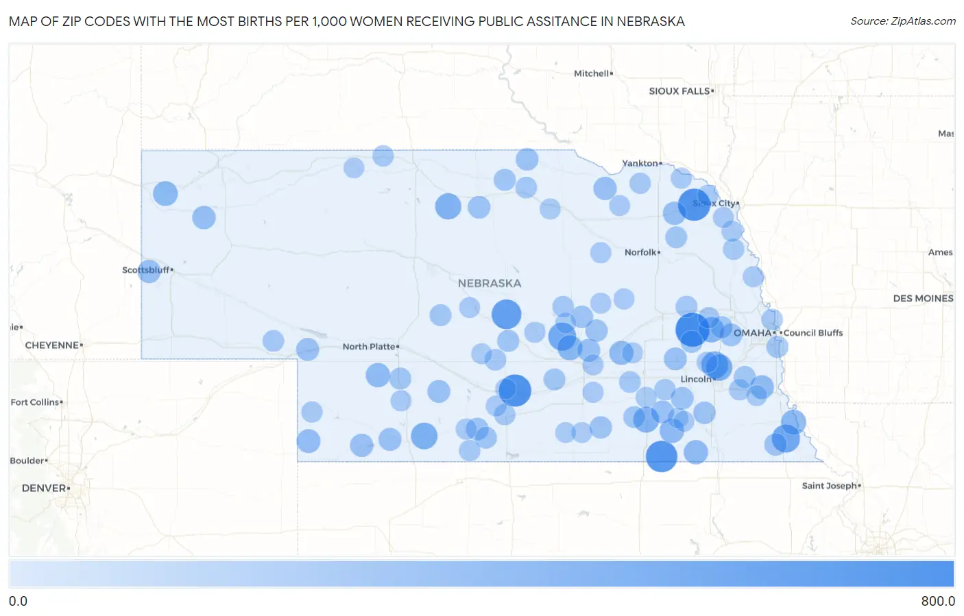 Zip Codes with the Most Births per 1,000 Women Receiving Public Assitance in Nebraska Map