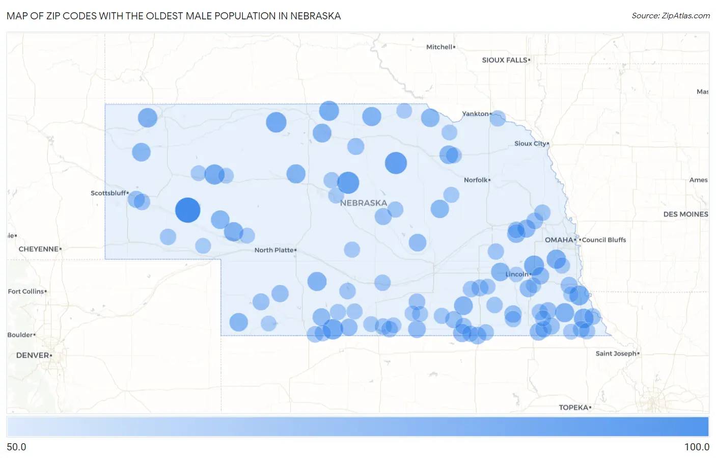 Zip Codes with the Oldest Male Population in Nebraska Map