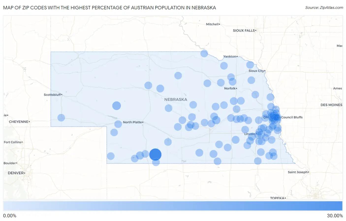 Zip Codes with the Highest Percentage of Austrian Population in Nebraska Map