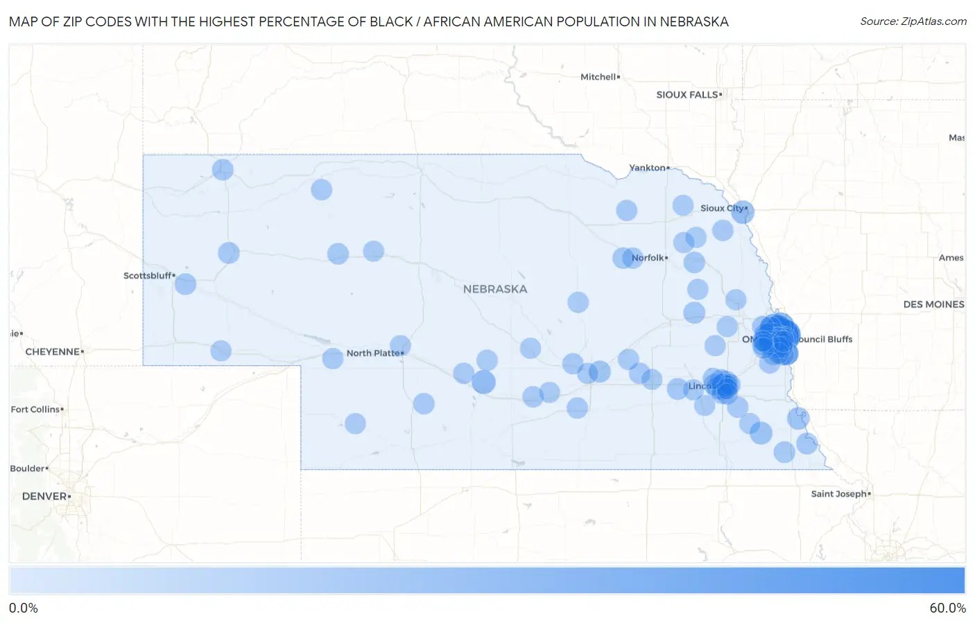 Zip Codes with the Highest Percentage of Black / African American Population in Nebraska Map