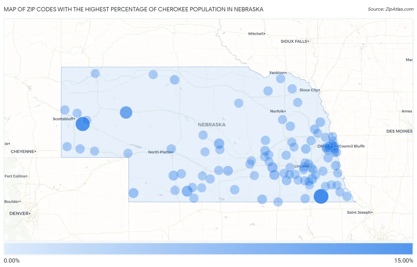 Zip Codes with the Highest Percentage of Cherokee Population in Nebraska Map