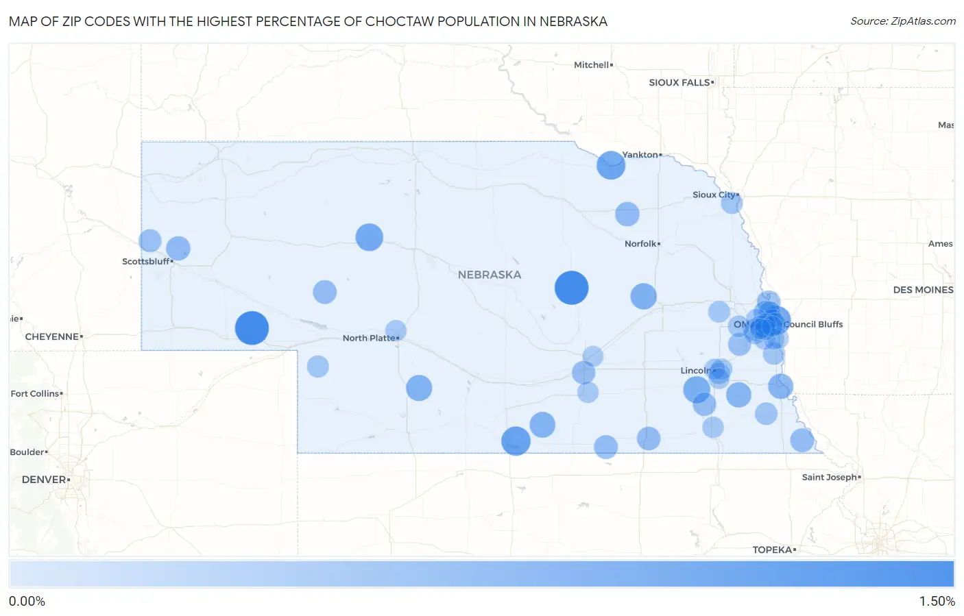 Zip Codes with the Highest Percentage of Choctaw Population in Nebraska Map