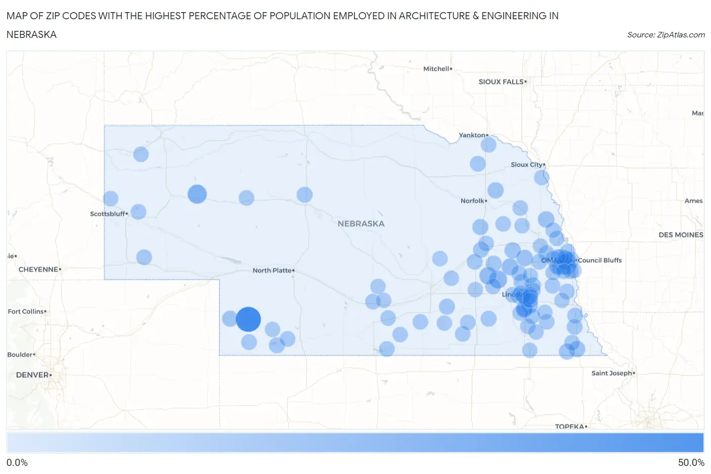 Zip Codes with the Highest Percentage of Population Employed in Architecture & Engineering in Nebraska Map