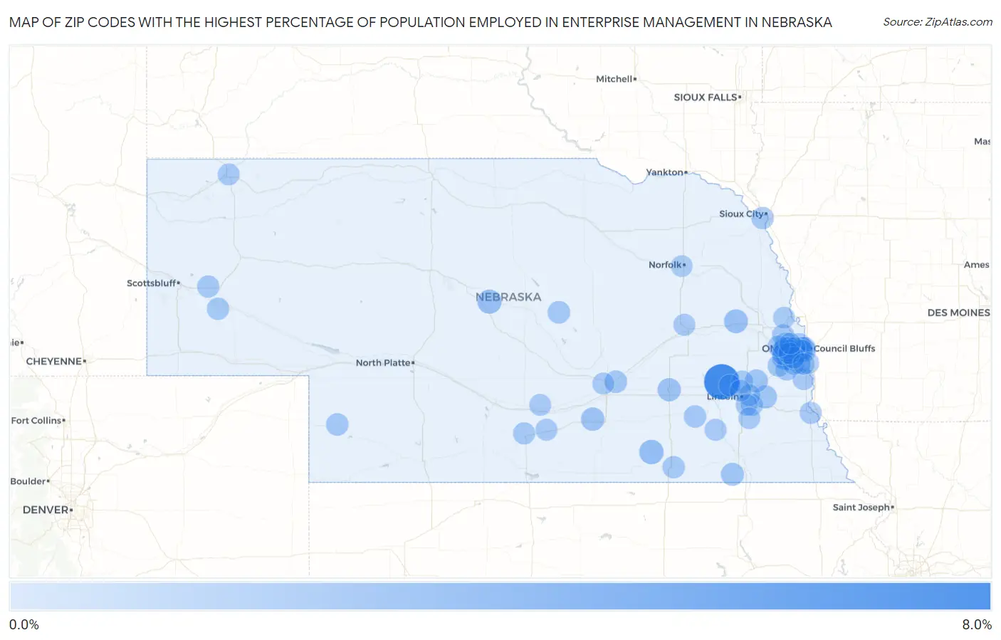 Zip Codes with the Highest Percentage of Population Employed in Enterprise Management in Nebraska Map