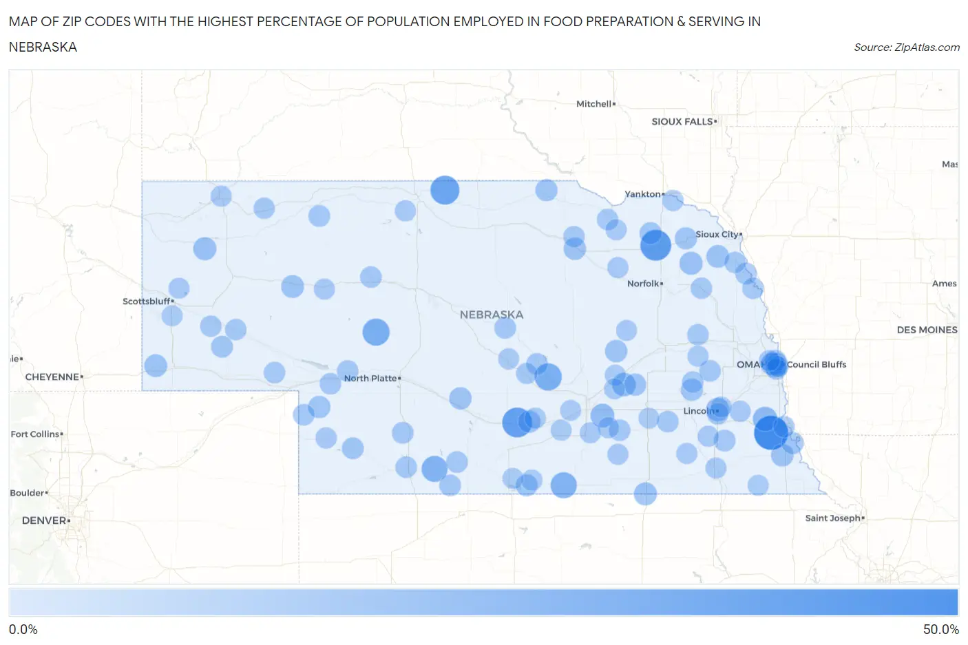 Zip Codes with the Highest Percentage of Population Employed in Food Preparation & Serving in Nebraska Map