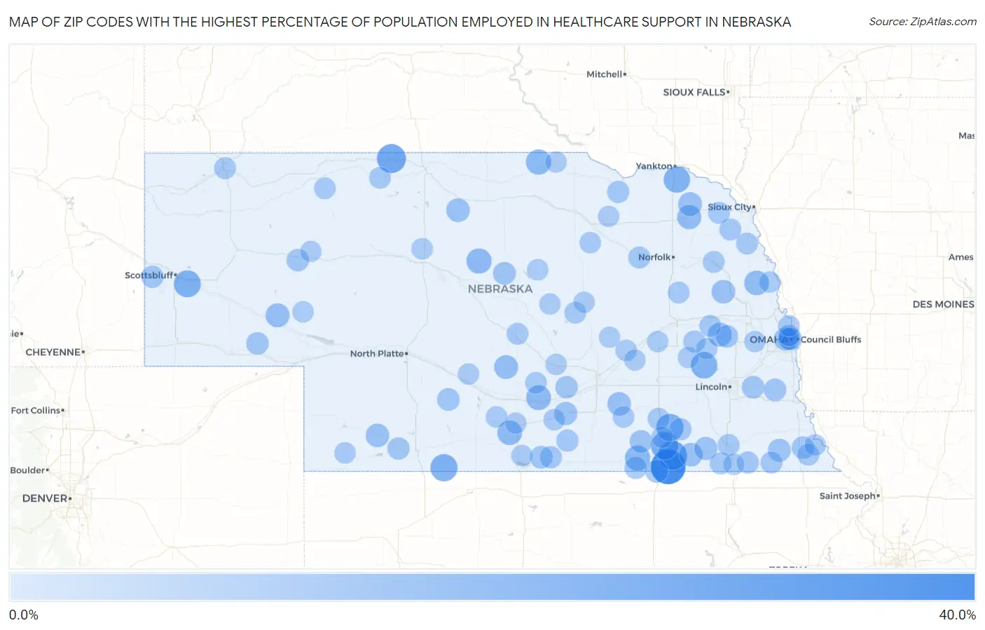 Zip Codes with the Highest Percentage of Population Employed in Healthcare Support in Nebraska Map