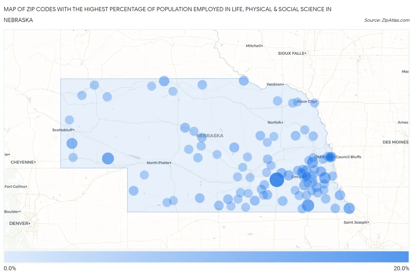 Zip Codes with the Highest Percentage of Population Employed in Life, Physical & Social Science in Nebraska Map
