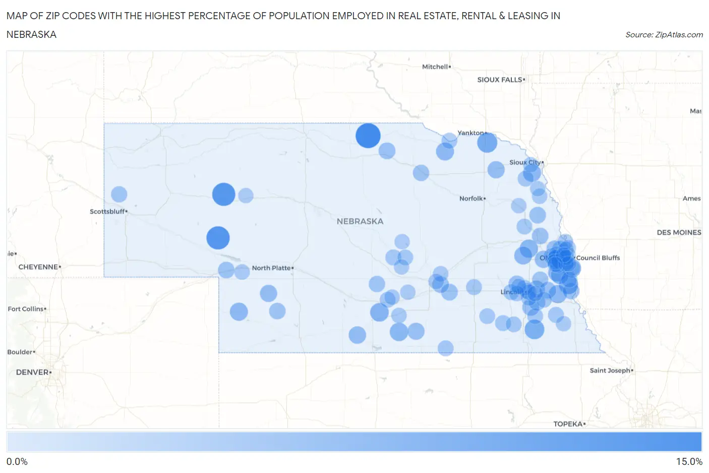 Zip Codes with the Highest Percentage of Population Employed in Real Estate, Rental & Leasing in Nebraska Map