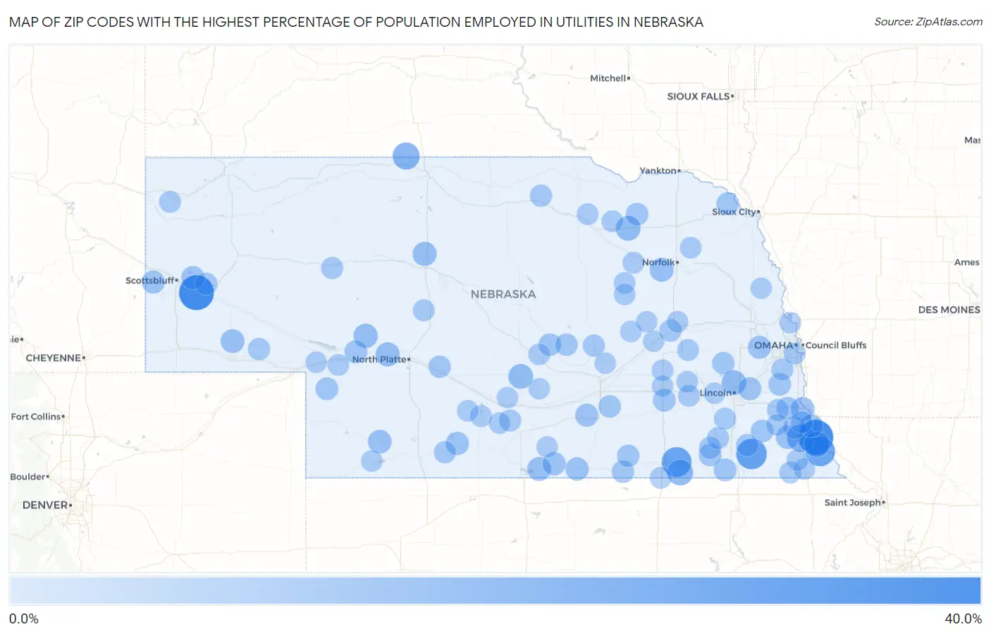 Zip Codes with the Highest Percentage of Population Employed in Utilities in Nebraska Map