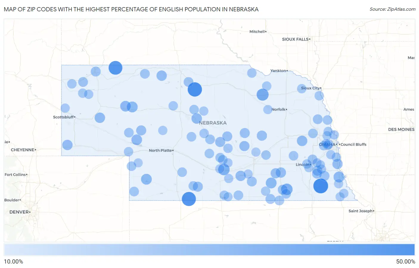 Zip Codes with the Highest Percentage of English Population in Nebraska Map