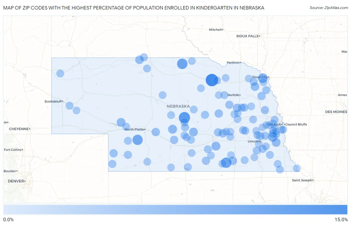 Zip Codes with the Highest Percentage of Population Enrolled in Kindergarten in Nebraska Map