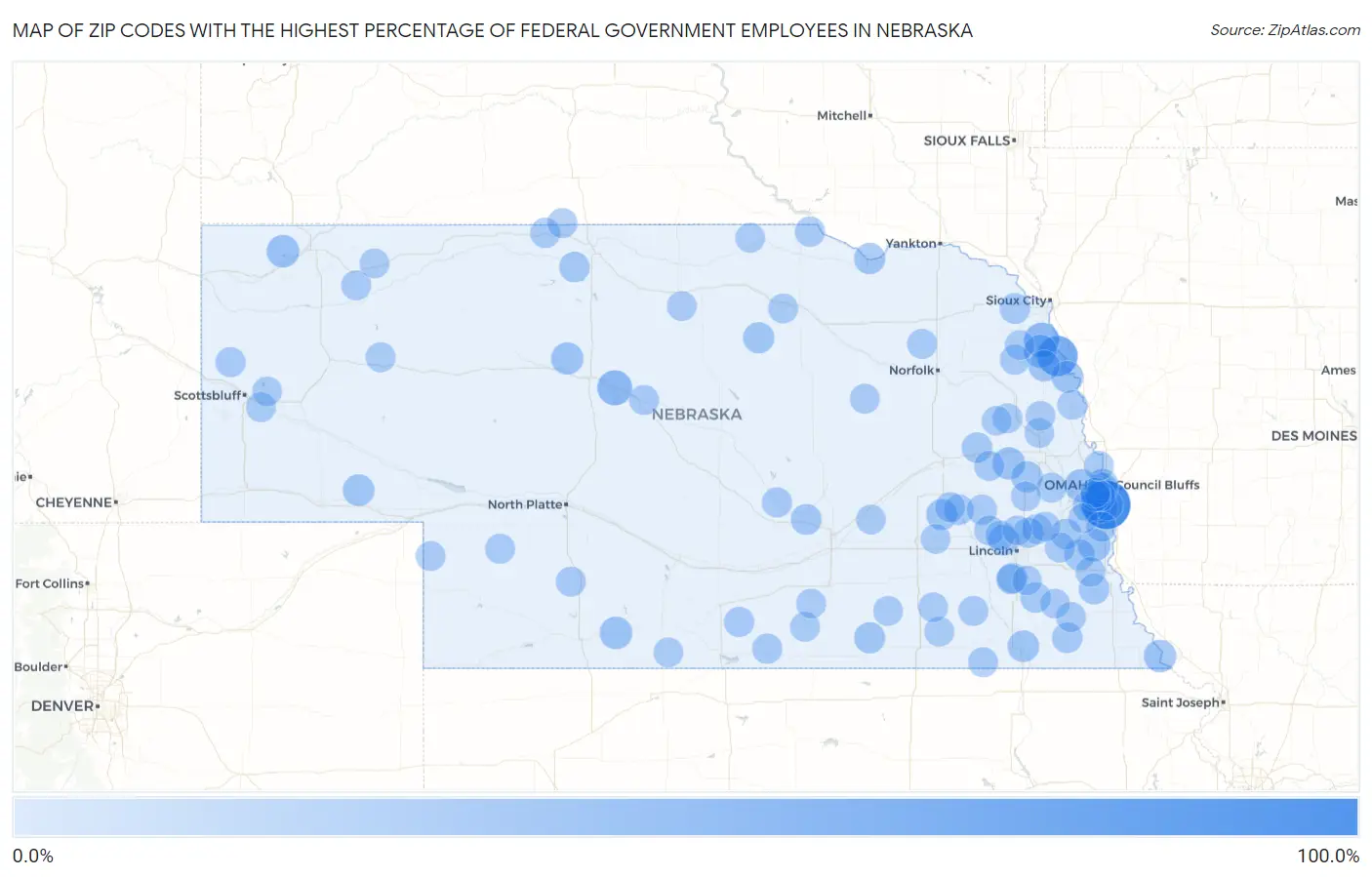 Zip Codes with the Highest Percentage of Federal Government Employees in Nebraska Map