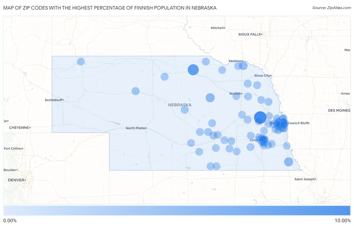 Zip Codes with the Highest Percentage of Finnish Population in Nebraska Map