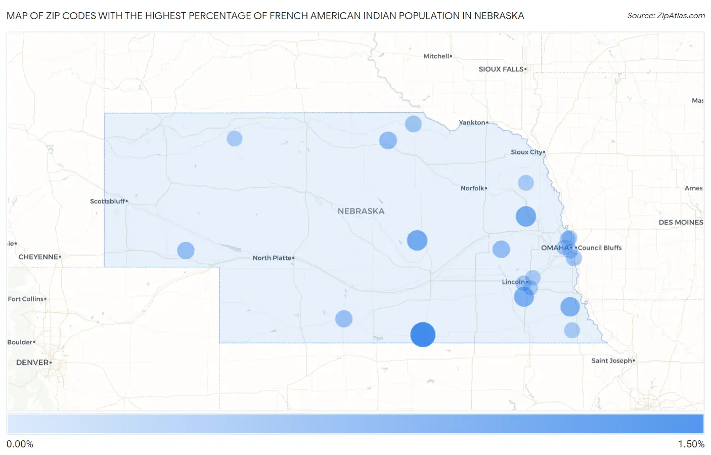 Zip Codes with the Highest Percentage of French American Indian Population in Nebraska Map