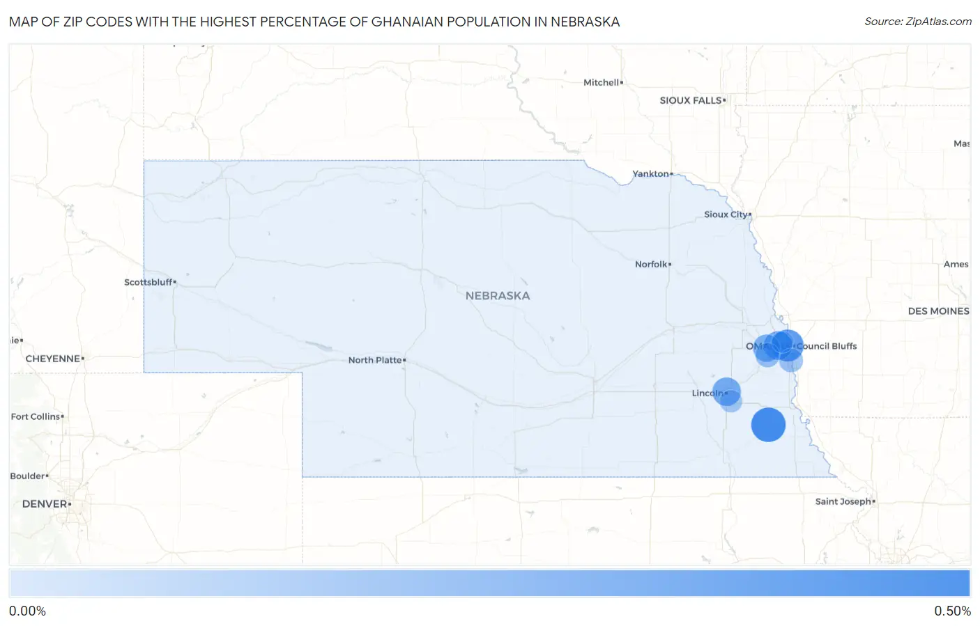 Zip Codes with the Highest Percentage of Ghanaian Population in Nebraska Map