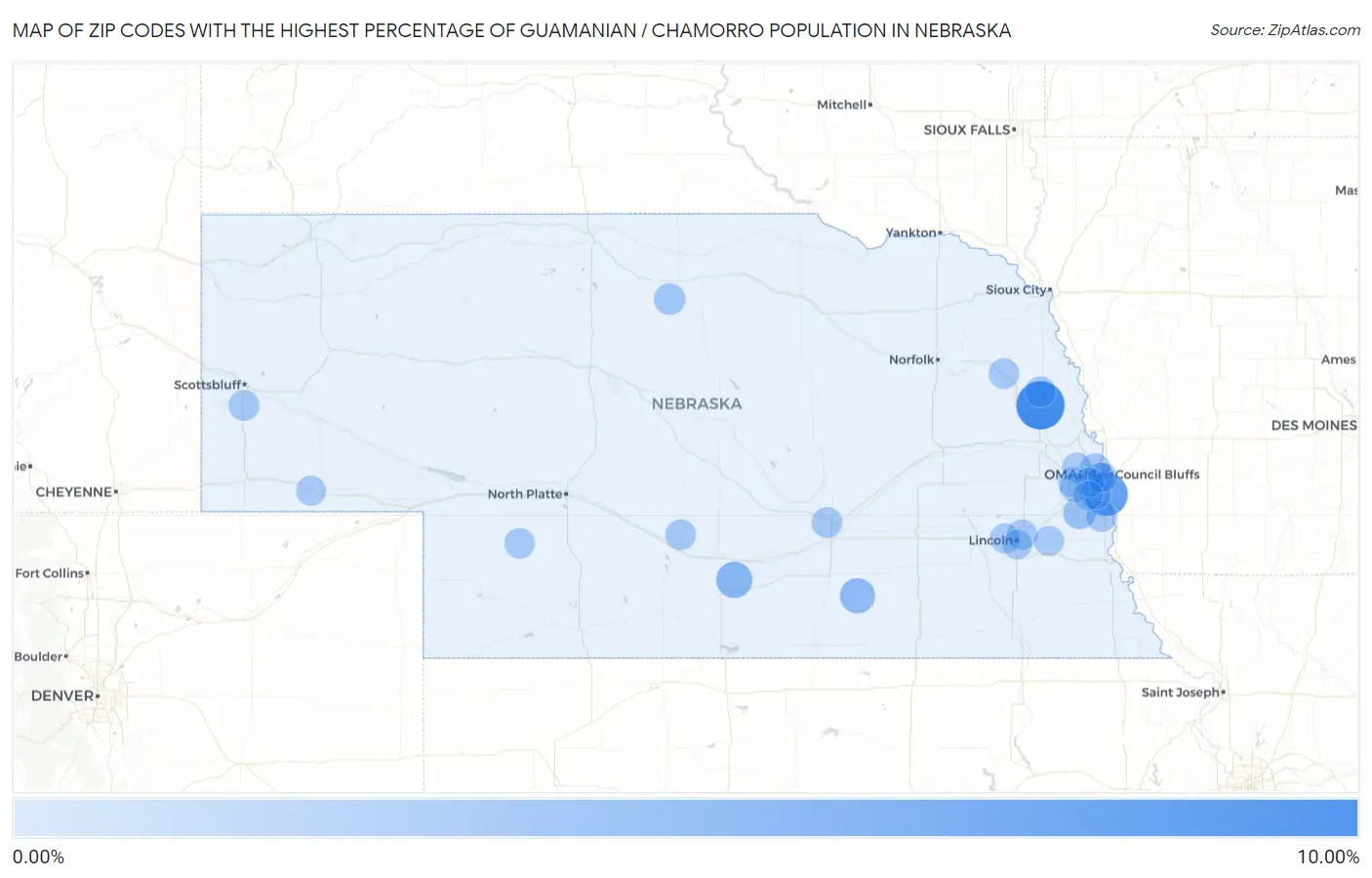 Zip Codes with the Highest Percentage of Guamanian / Chamorro Population in Nebraska Map