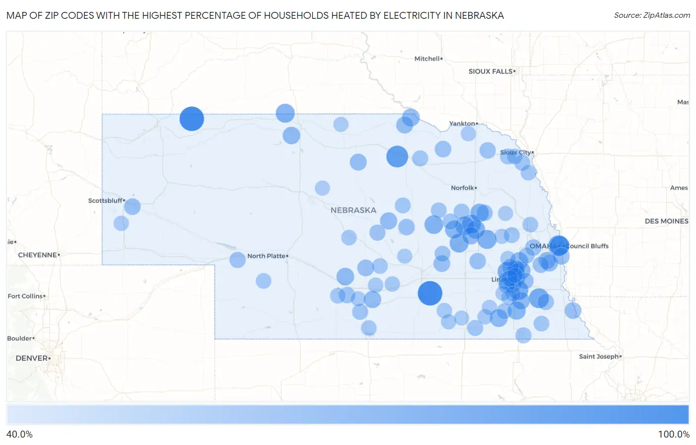 Zip Codes with the Highest Percentage of Households Heated by Electricity in Nebraska Map