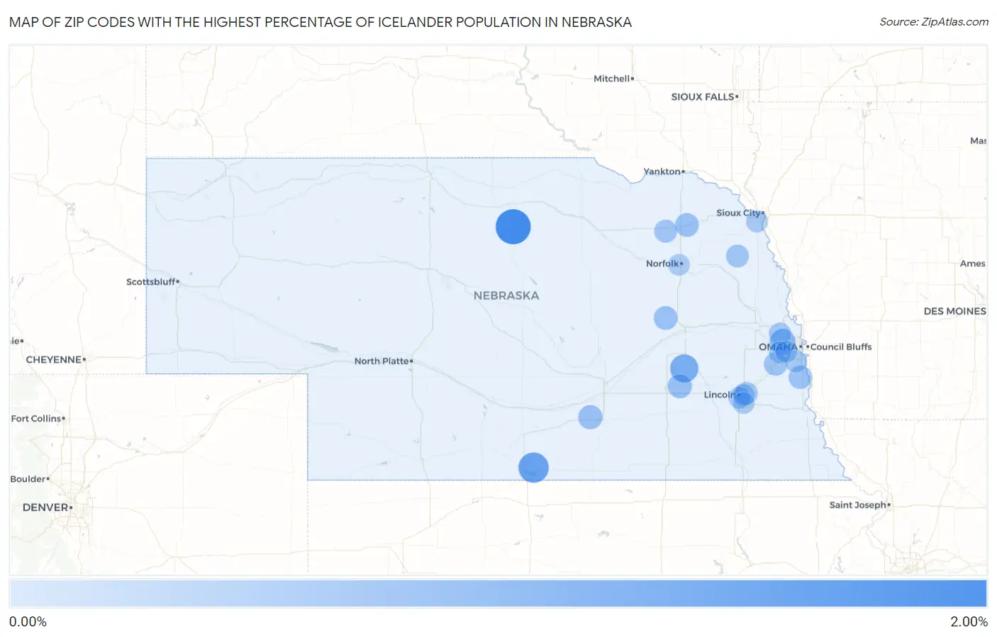 Zip Codes with the Highest Percentage of Icelander Population in Nebraska Map