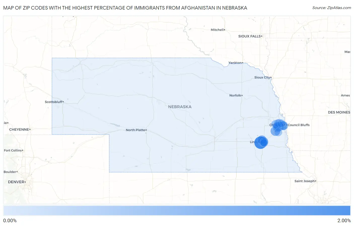 Zip Codes with the Highest Percentage of Immigrants from Afghanistan in Nebraska Map