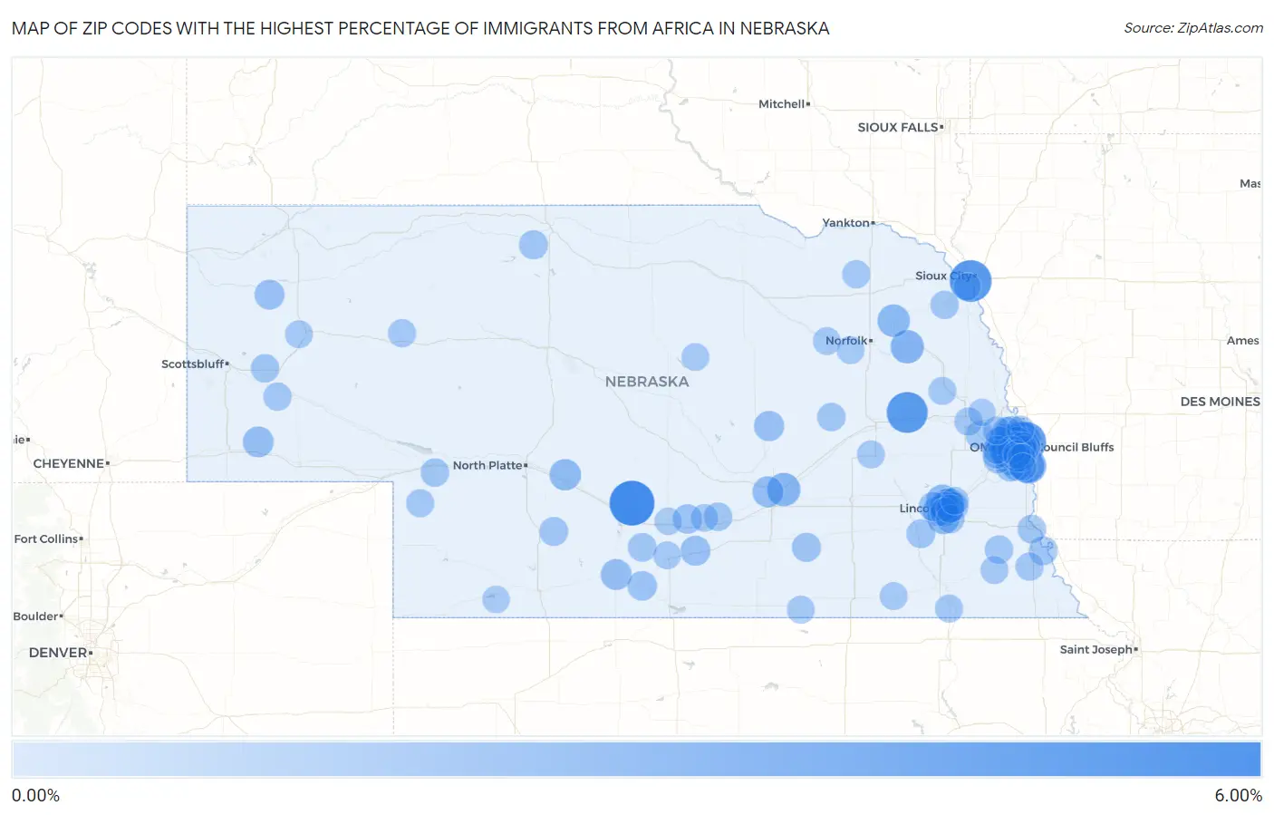 Zip Codes with the Highest Percentage of Immigrants from Africa in Nebraska Map