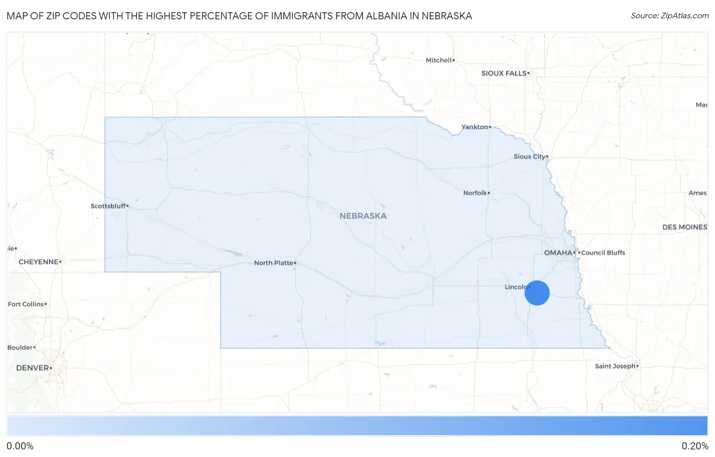 Zip Codes with the Highest Percentage of Immigrants from Albania in Nebraska Map