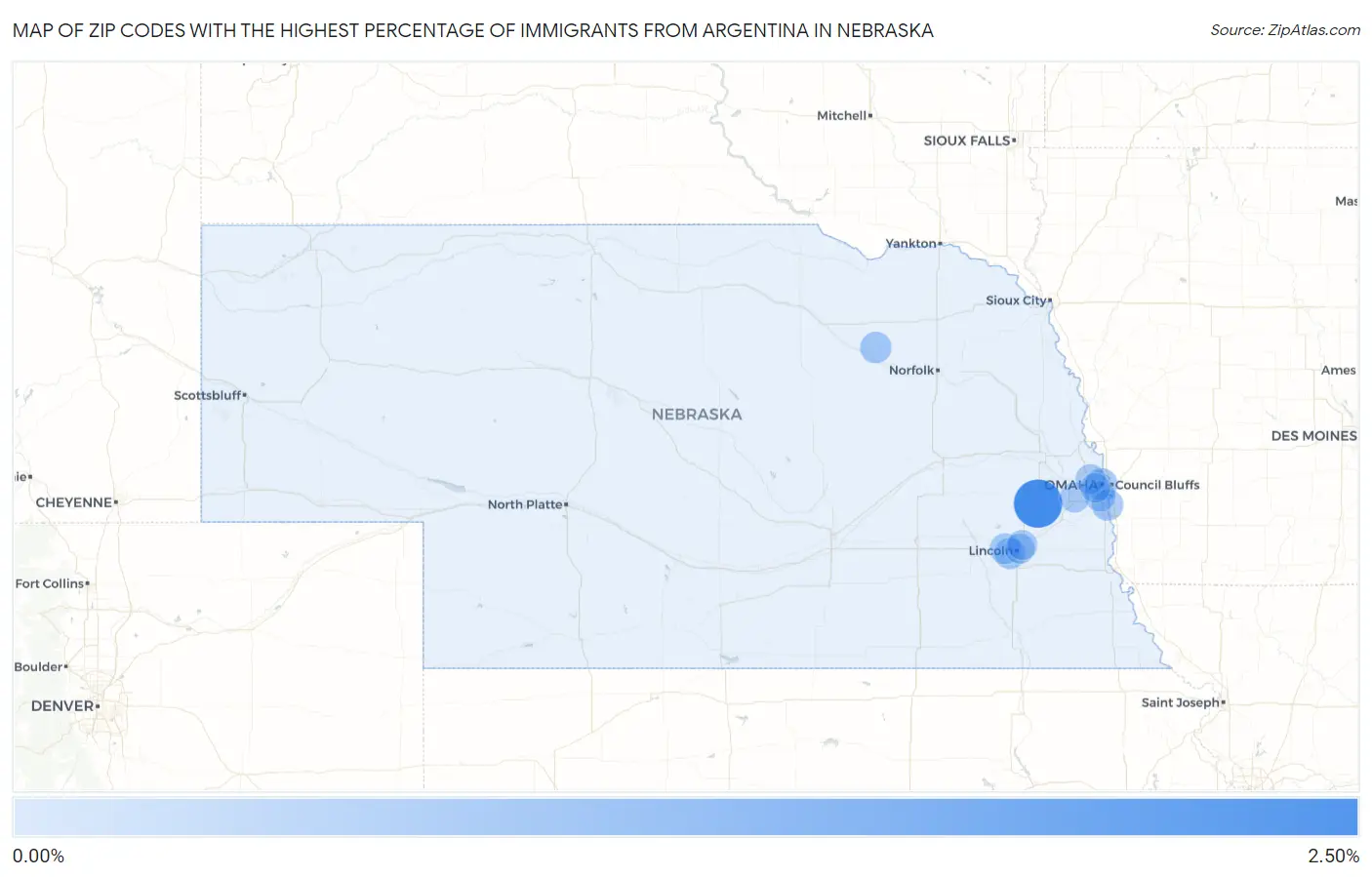 Zip Codes with the Highest Percentage of Immigrants from Argentina in Nebraska Map