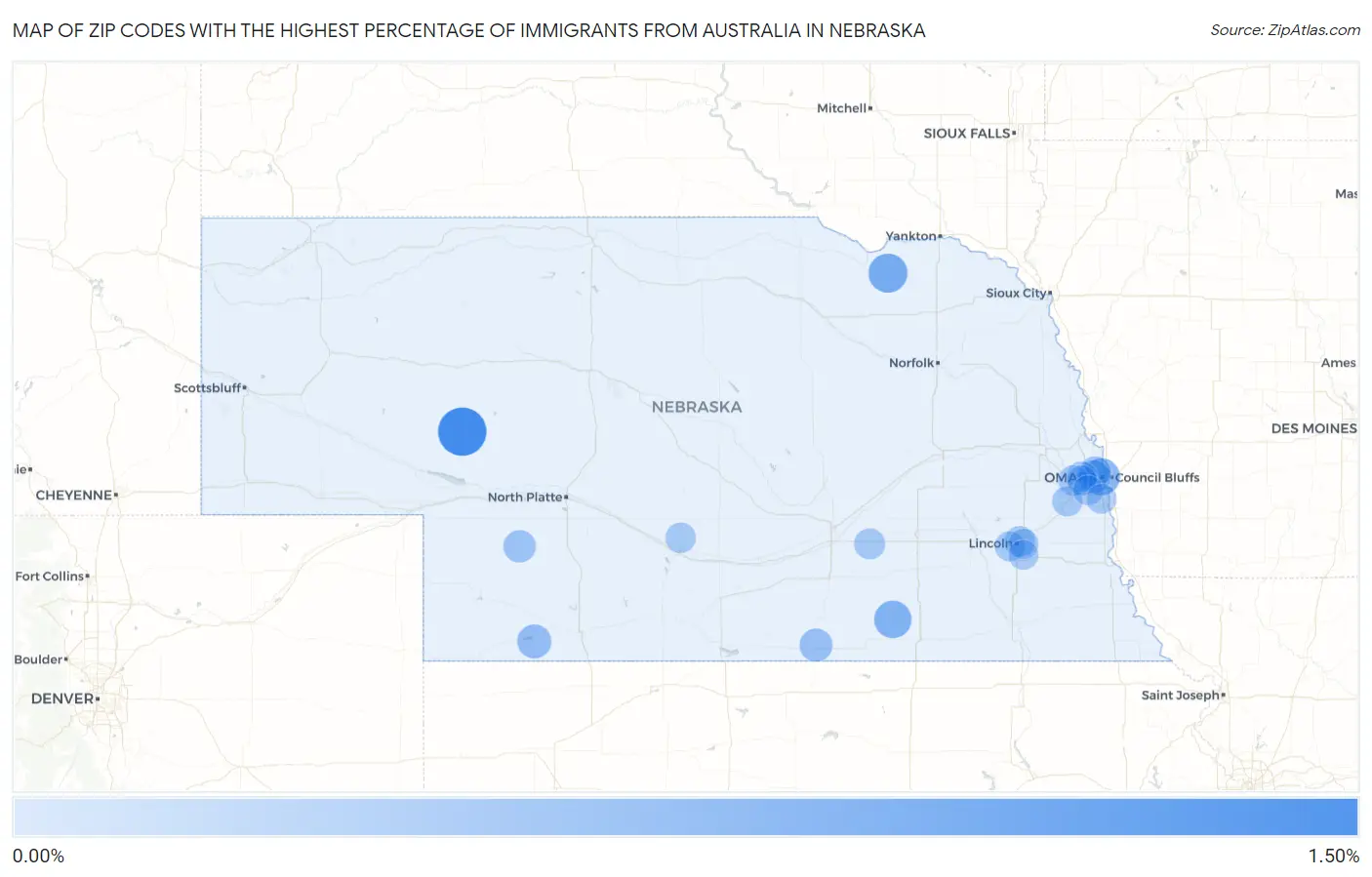 Zip Codes with the Highest Percentage of Immigrants from Australia in Nebraska Map