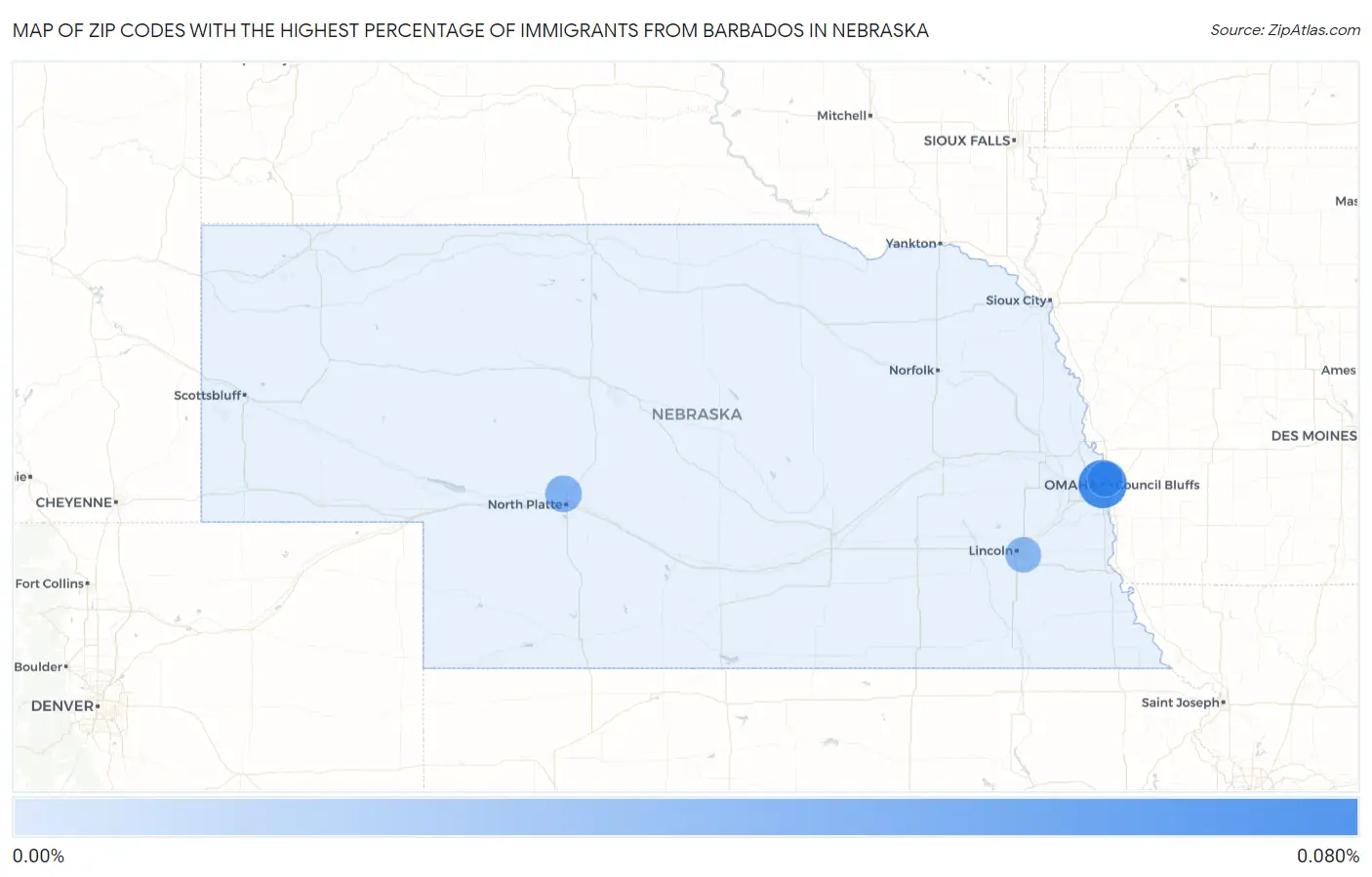 Zip Codes with the Highest Percentage of Immigrants from Barbados in Nebraska Map