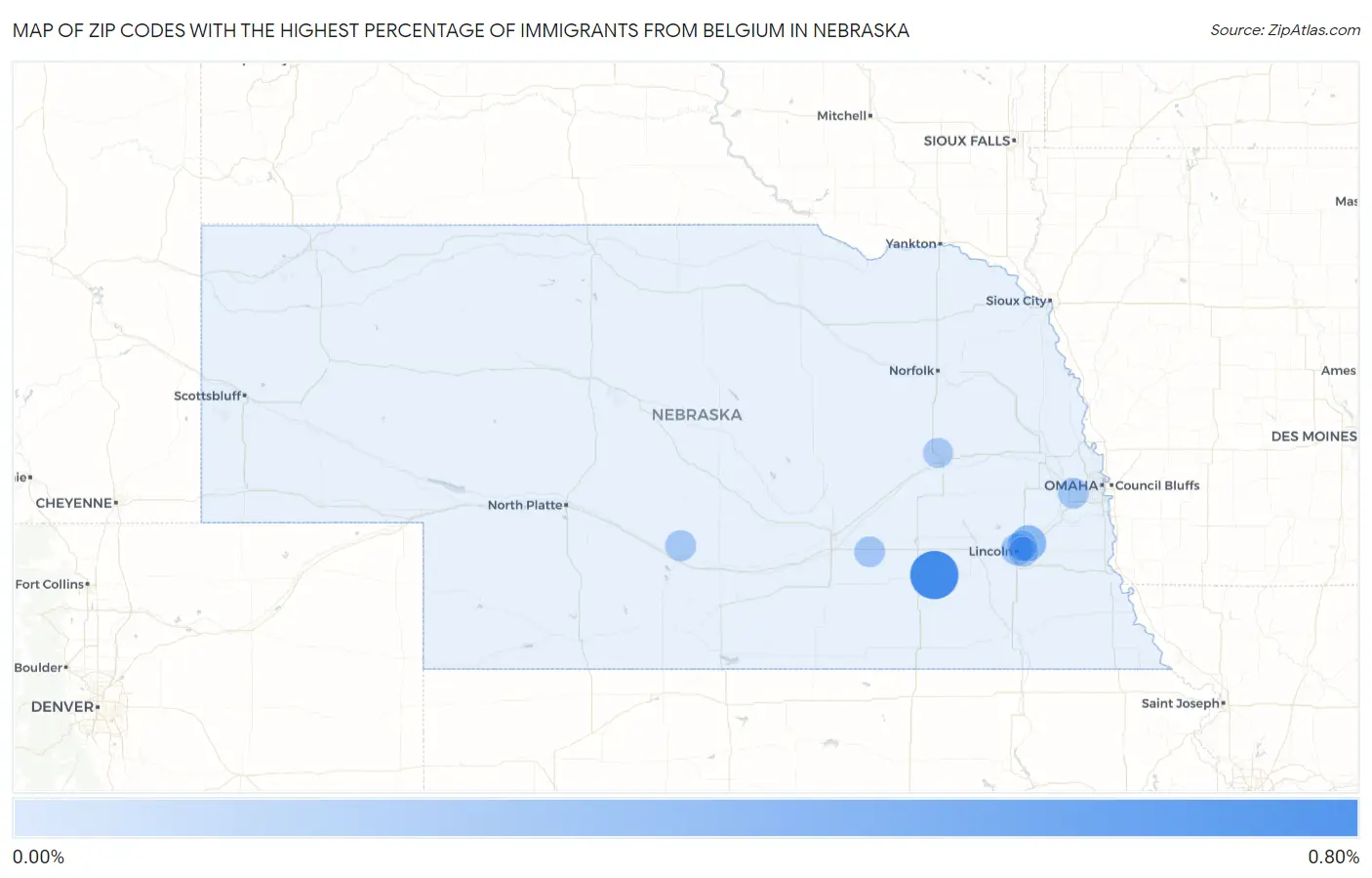 Zip Codes with the Highest Percentage of Immigrants from Belgium in Nebraska Map