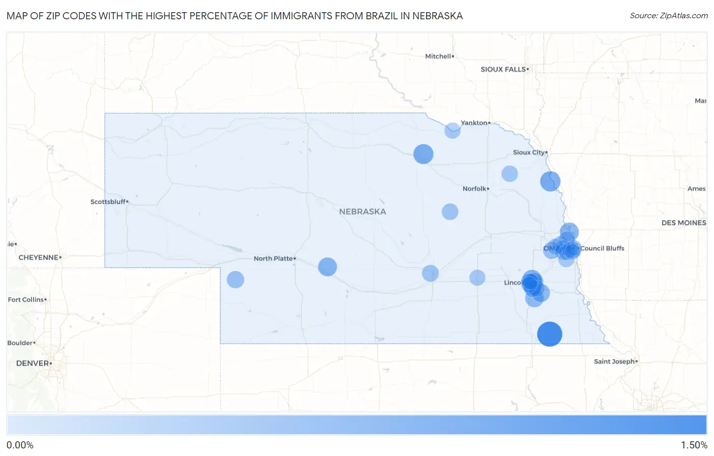 Zip Codes with the Highest Percentage of Immigrants from Brazil in Nebraska Map