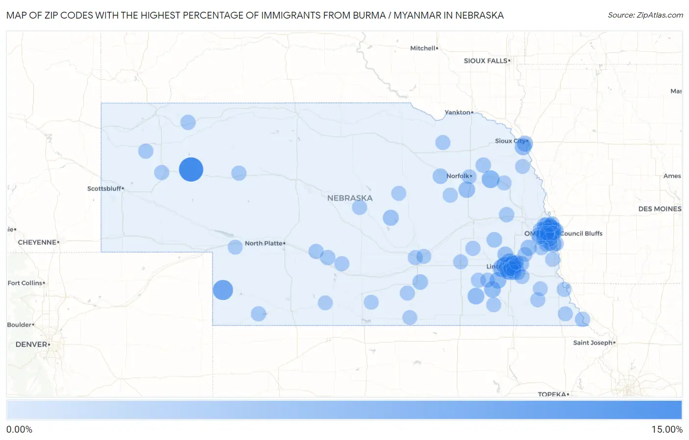 Zip Codes with the Highest Percentage of Immigrants from Burma / Myanmar in Nebraska Map