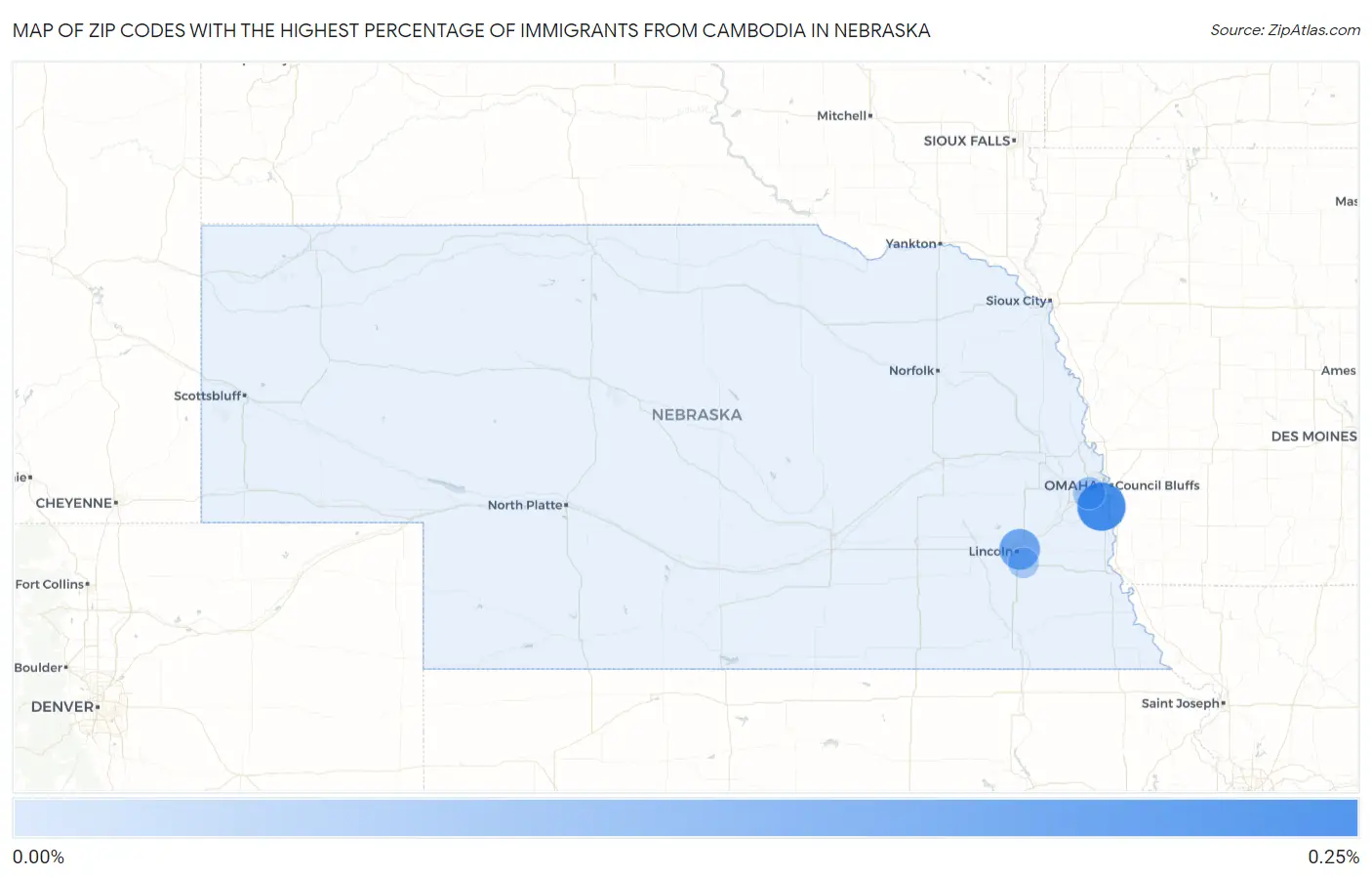 Zip Codes with the Highest Percentage of Immigrants from Cambodia in Nebraska Map