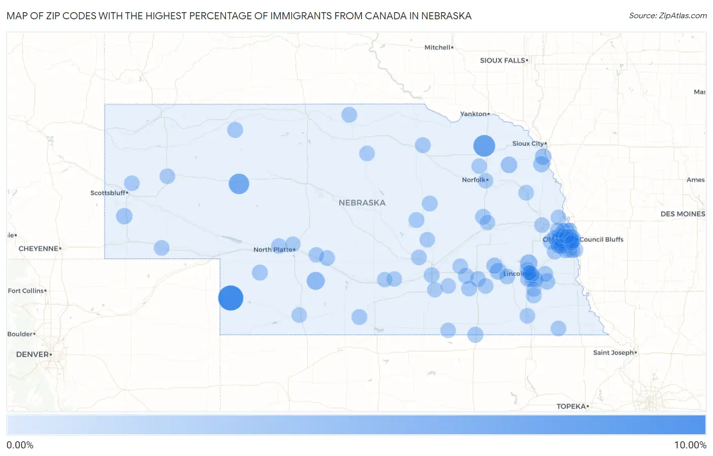 Zip Codes with the Highest Percentage of Immigrants from Canada in Nebraska Map