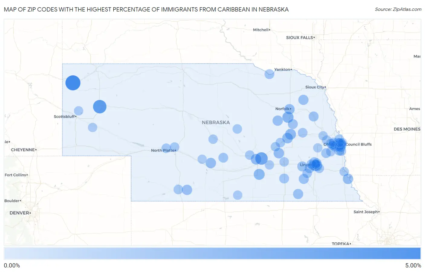 Zip Codes with the Highest Percentage of Immigrants from Caribbean in Nebraska Map