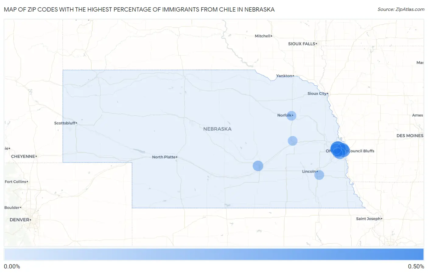 Zip Codes with the Highest Percentage of Immigrants from Chile in Nebraska Map