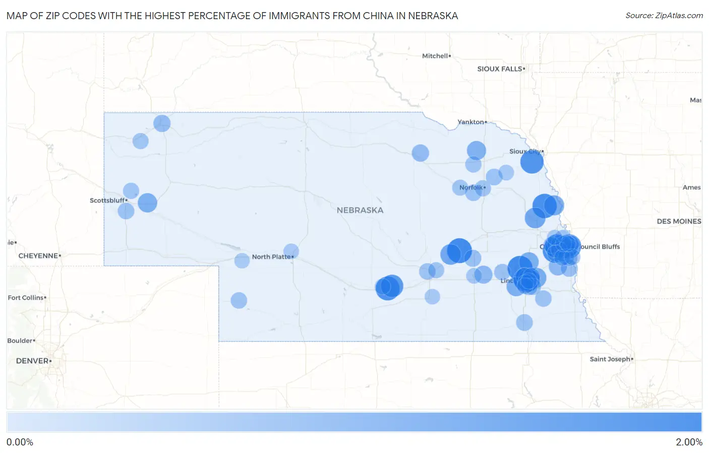 Zip Codes with the Highest Percentage of Immigrants from China in Nebraska Map