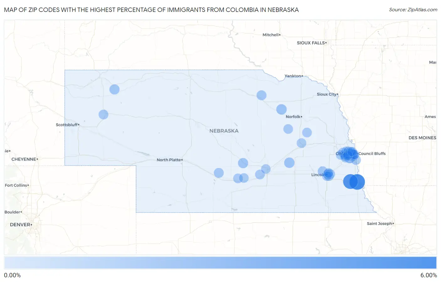 Zip Codes with the Highest Percentage of Immigrants from Colombia in Nebraska Map