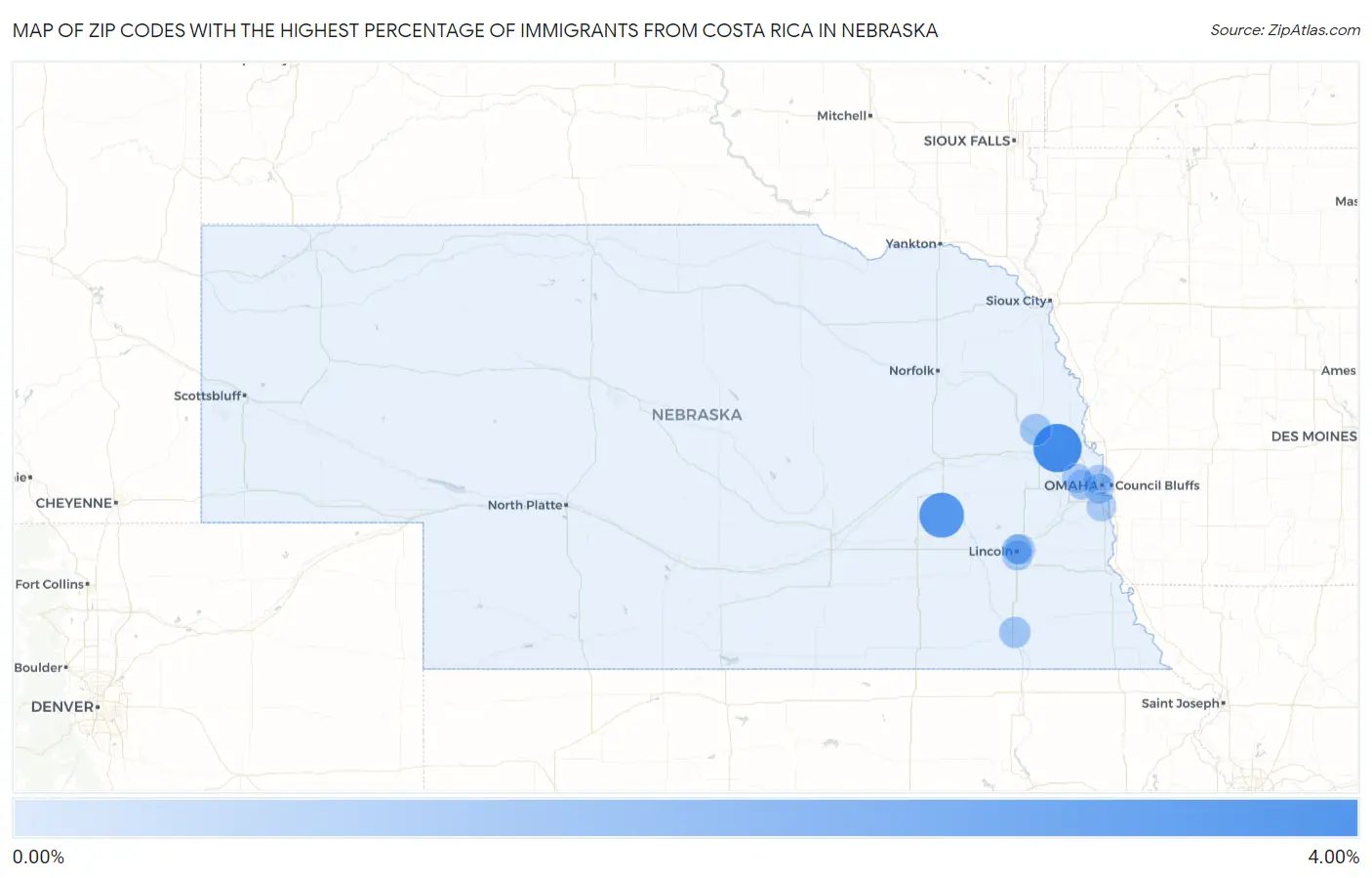 Zip Codes with the Highest Percentage of Immigrants from Costa Rica in Nebraska Map