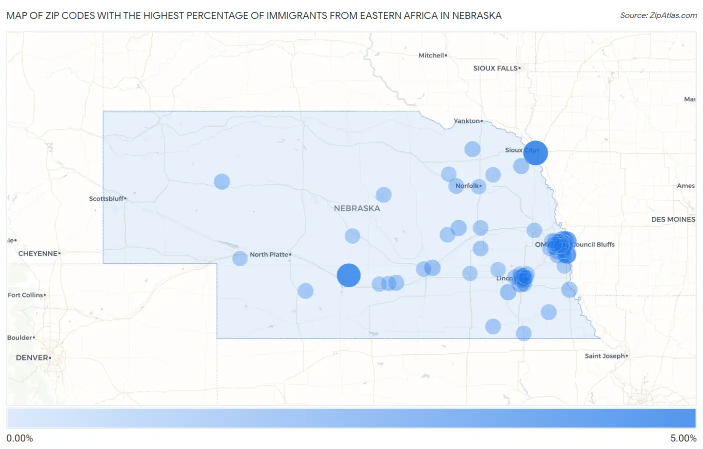 Zip Codes with the Highest Percentage of Immigrants from Eastern Africa in Nebraska Map